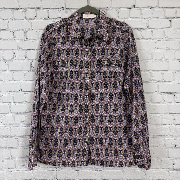 Tory Burch Utility Shirt Womens 14 Long Sleeve Cotton Roll Tab Sleeves Multi - Picture 1 of 13